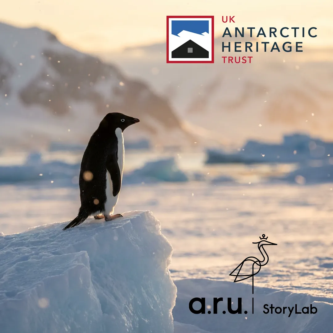 UK Antarctic Heritage Trust VR experience research with penguin on iceberg in Antarctica