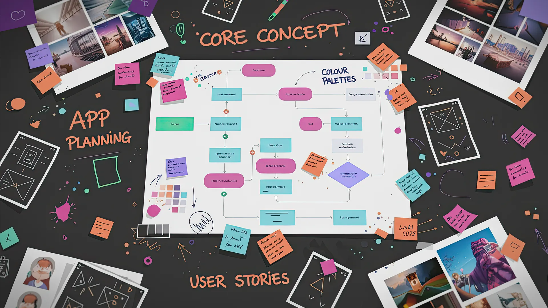 Creative journey moodboard with user flows, wireframes, and sprint planning notes